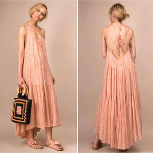 Ulla Johnson XS Samara Cotton Midi Dress Low Back Metallic Stripe Peach Pink 0 2